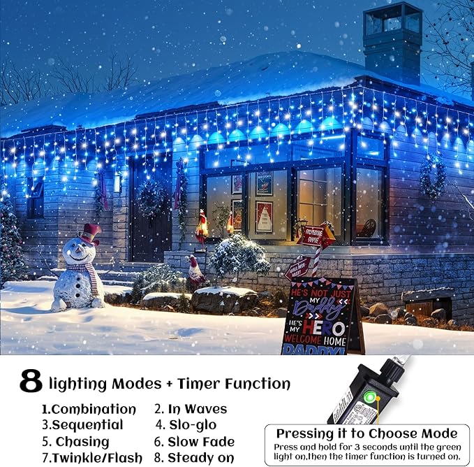 132ft Icicle Lights for Outside, Blue and White Christmas Lights Outdoor Indoor, 1280 LED Twinkle String Light with 240 Drops Curtain Light for Thanksgiving Room Home Wall Bedroom Window Decoration