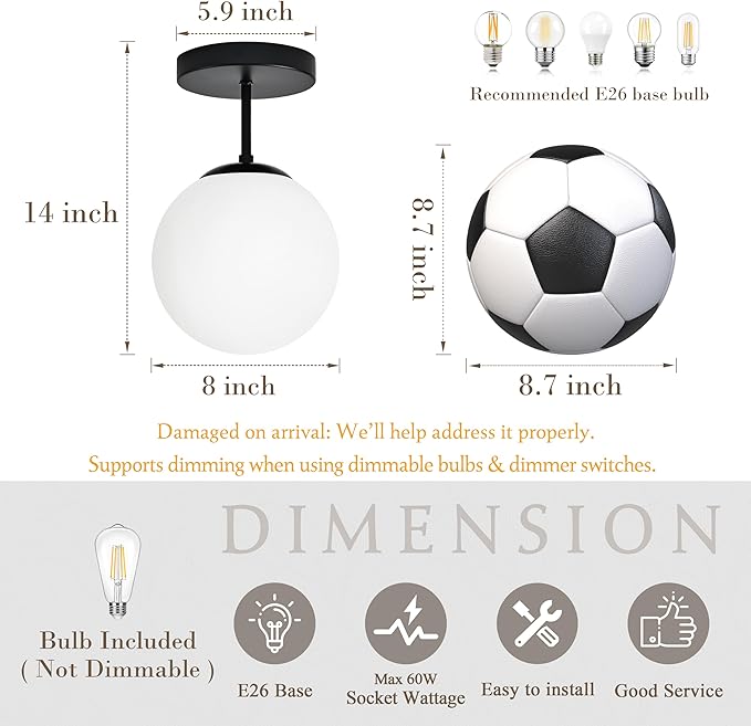 8" Black Semi Flush Mount Ceiling Light Fixture Milk Glass Globe Ceiling Light Fixtures Hallway Light Fixtures Mid Century Ceiling Lights Matte Black Finish for Entryway Foyer (Bulb Incl.)