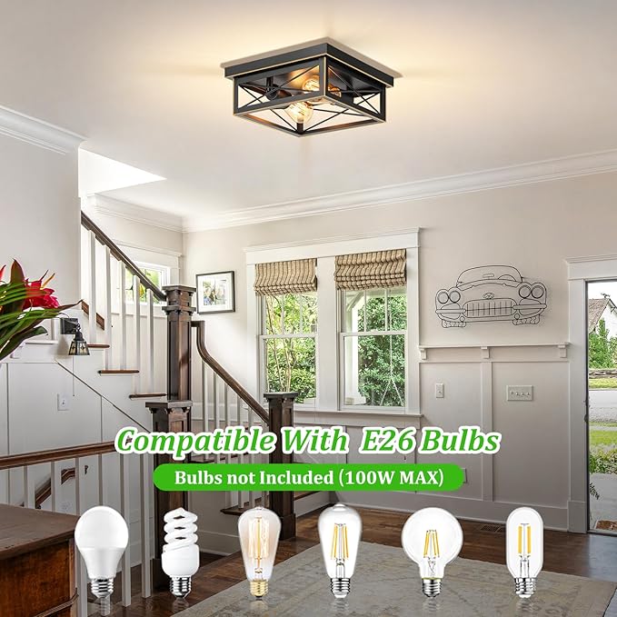 Brushed Gold Hallway Light Fixtures Ceiling, 2-Light Farmhouse Industrial Flush Mount Ceiling Lights, 2-Pack Metal Kitchen Light Fixtures, Close to Ceiling Lights for Bedroom Living Room Entryway