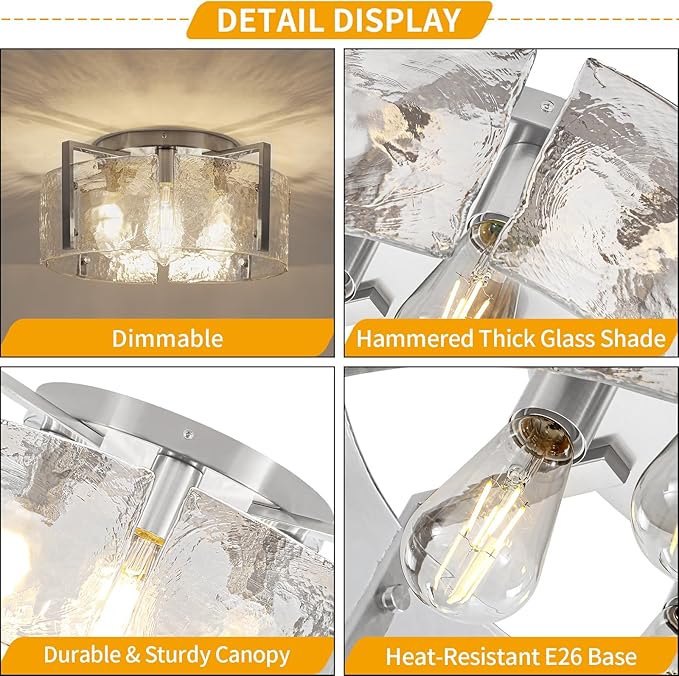 18.5'' Modern Brushed Nickel Semi Flush Mount Ceiling Light, Hallway Light Fixtures, 4-Light Glass Ceiling Lights for Entryway Kitchen Dining Room Foyer Bedroom Living Room Bathroom Lighting Fixtures
