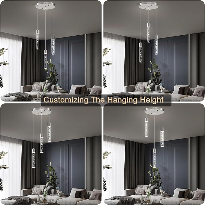 Pendant Lights Kitchen Island, 3-Light Brushed Nickel Cluster Pendant Light Fixtures, LED 6000K Kitchen Island Lights, Modern Hanging Light Fixture, Pendant Lighting for Dining Room Living Room