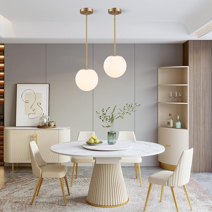 Modern Globe Pendant Light – Large Mid Century, Shatterproof Acrylic Opal Shade, Gold Finish, 2-Light, Adjustable Height for Sloped Ceilings, Hanging Lamp for Kitchen Island Dining Room Hallway