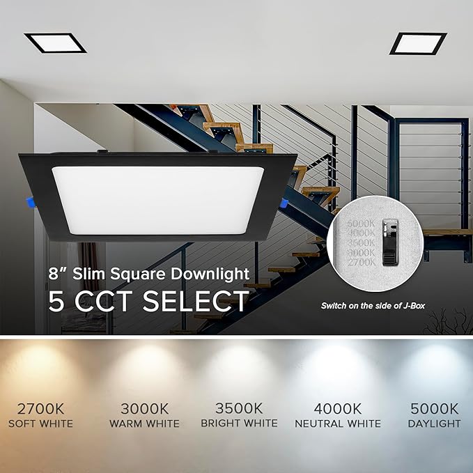 Maxxima 8 in. 5 CCT Square Recessed LED Downlight, 1400 Lumens, Slim Flat Panel Color Selectable (2700K/3000K/3500K/4000K/5000K), Dimmable, Canless IC Rated, Black Trim, J-Box Included