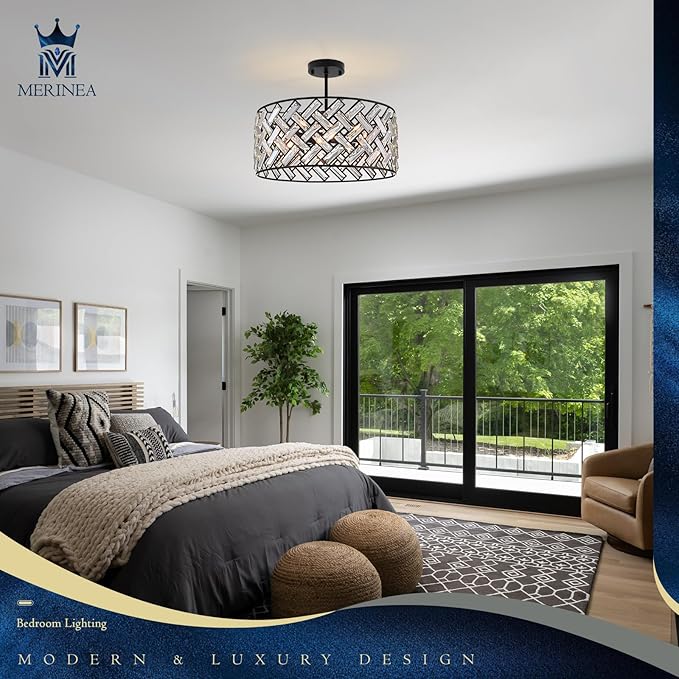 Black Crystal Chandelier, 18" Large Drum Ceiling Light, Modern 6-Light Crystal Pendant Lighting, Convertible Semi Flush Mount Hanging Fixture for Dining Room, Living Room, Bedroom, Kitchen, Hallway
