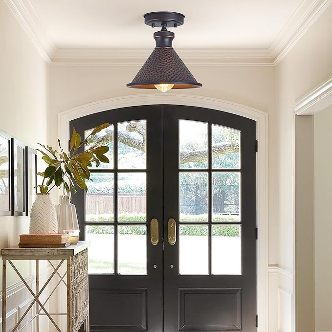 Tarentlight 9.2" Industrial Semi Flush Mount Ceiling Light,Vintage Hammered Pattern Cast Aluminum Shade,1-Light E26 Classic Lamp,Oil Rubbed Bronze Farmhouse Lighting for Hallway Kitchen Entryway.