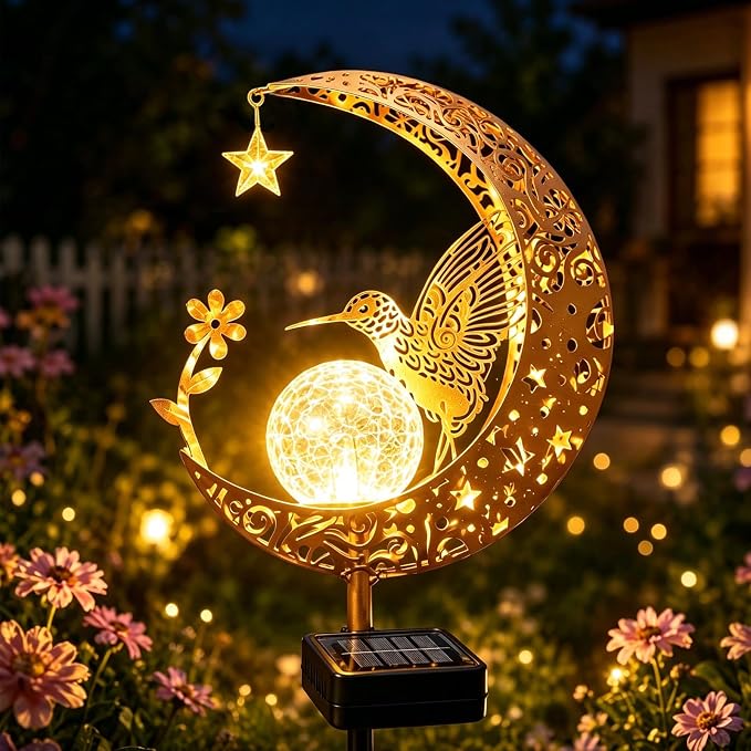 Solar Garden Decor Outdoor Statue, Moon Fairy Garden Figurines with Hummingbird Design for Mom Women Grandma Solar Stake Lights for Patio, Yard, Lawn, Pathway (Warm White)