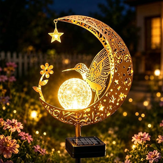 Solar Garden Decor Outdoor Statue, Moon Fairy Garden Figurines with Hummingbird Design for Mom Women Grandma Solar Stake Lights for Patio, Yard, Lawn, Pathway (Warm White)