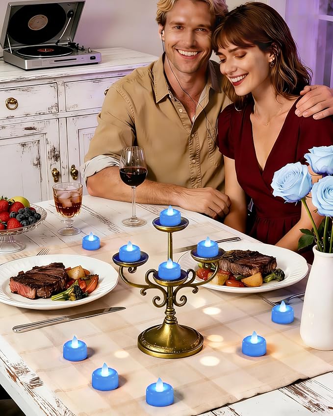Amagic 24 Pack Light Blue Flameless LED Tea Lights Candles Battery Operated, Electric Fake Tealight Candles for Easter, Wedding, Table Centerpiece, Party, Anniversary, Proposal, Christmas, Birthday