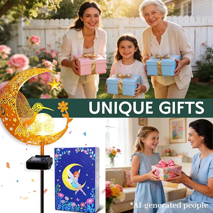 Solar Garden Decor Outdoor Statue, Moon Fairy Garden Figurines with Hummingbird Design for Mom Women Grandma Solar Stake Lights for Patio, Yard, Lawn, Pathway (Warm White)