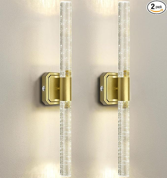 HISTAR Battery Operated Wall Sconce Set of 2, 10000mah Rechargeable Gold Crystal Wall Sconce, 3 Colors 360° Rotate Wireless Wall Scone Decor for Bathroom Bedroom Living Room, 20.5 Inch