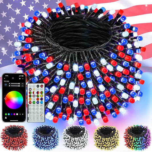 240LED Smart 4th of July String Lights App Controlled, 95FT Waterproof Red White and Blue Lights, Patriotic RGB Color Changing Twinkle Light with Remote & Timer Indoor Outdoor for Memorial Day Decor