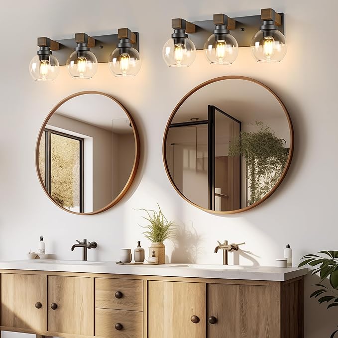 Farmhouse Bathroom Vanity Light Fixtures, 3-Light Wood Bathroom Light Fixtures Over Mirror, Rustic Vanity Lighting with Glass Shade for Living Room, Bedroom, Hallway