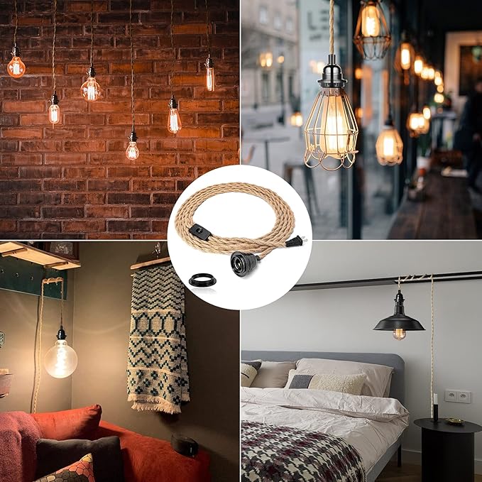 HURYEE Plug in Hanging Light Fixture, 15FT Pendant Lamp Lights Cord with Switch Cord E26 Bulbs Socket, Industrial DIY Twisted Hemp Rope Overhead Lamps for Farmhouse Bedroom Home Lighting Decors