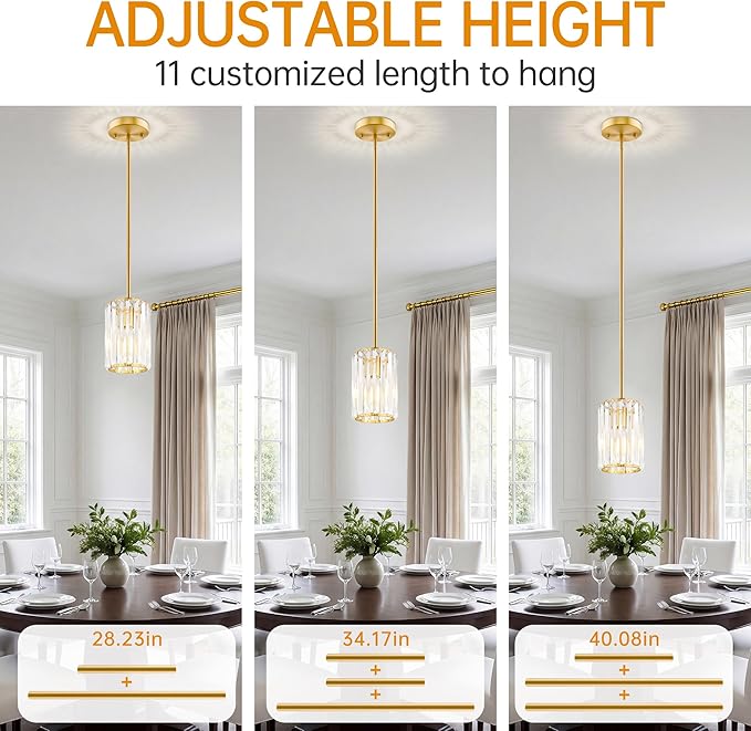 Gold Pendant Light, Modern Crystal Pendant Lights Kitchen Island, Kitchen Island Lighting with Adjustable Height, UL Certified Island Lights for Kitchen Dining Room Bedroom Hallway 1 Pack