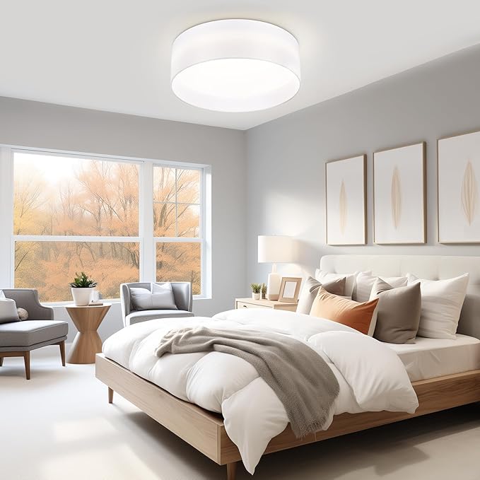 Hamilyeah Flush Mount Ceiling Light with White Fabric Shade, 24W LED Ceiling Light Fixture 12 inch, Modern Bedroom Light Fixture Ceiling Mount, Drum Ceiling Lighting Fixture Dimmable 5CCT for Bathroom