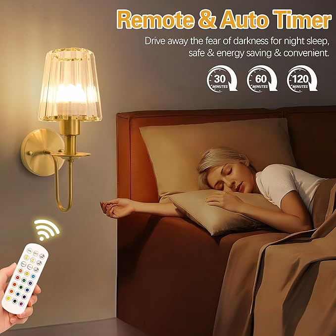 Battery Operated Wall Sconces Set of 2 – 5200mAh Rechargeable Gold Crystal Glass, 15 Colors & 10-Level Dimmable, Wireless Wall Lights for Living Room & Bedroom