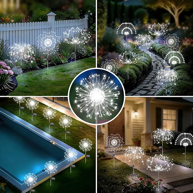 Solar Garden Lights Outdoor, 6 Pack 120 LED Twinkling Firework Lights Decorative with 2 Modes, Outdoor Waterproof Solar Starburst Light for Yard Pathway Planter Patio Decor, White