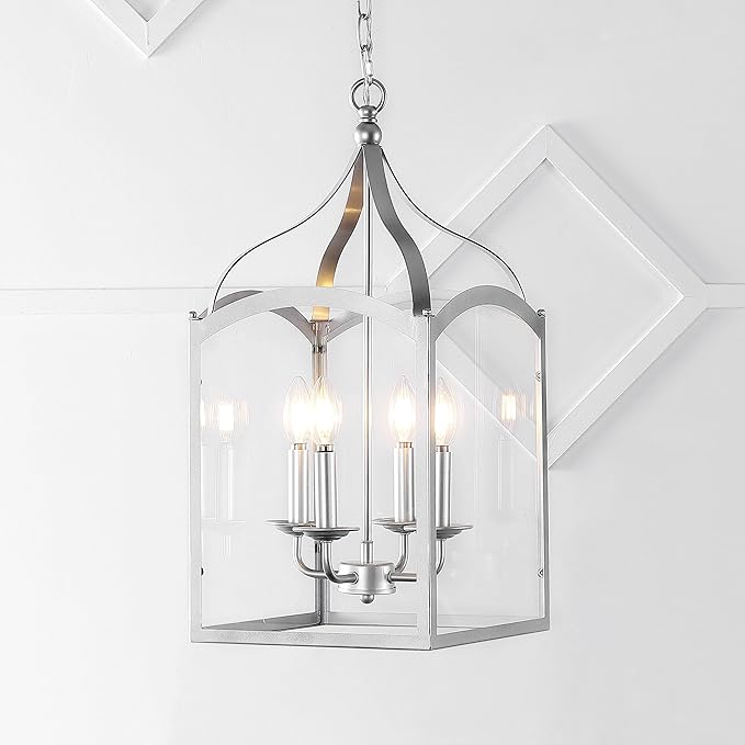 JONATHAN Y 11" Silver 4-Light Traditional Lantern Pendant Light, Metal and Clear Glass Shade, Classic Chandelier for Foyer, Kitchen Island, LED Bulbs Included (JYL7403B)