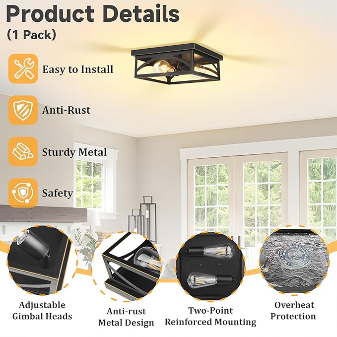 Black Flush Mount Ceiling Light Fixture, Industrial Light Fixture Ceiling Mount for Hallway Kitchen Porch Bedroom, Outdoor Ceiling Light Flush Mount, E26, 1 Pack, Gold Trim