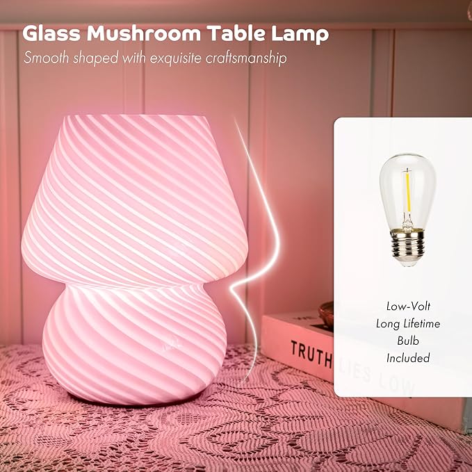 ULAROOM Battery Operated Mushroom Lamp - Vintage Small Table Lamp With Timer, Cordless Bedside Nightstand, Glass Battery Powered for Bedroom Kitchen Living Room Shelf Decor Aesthetic Pink