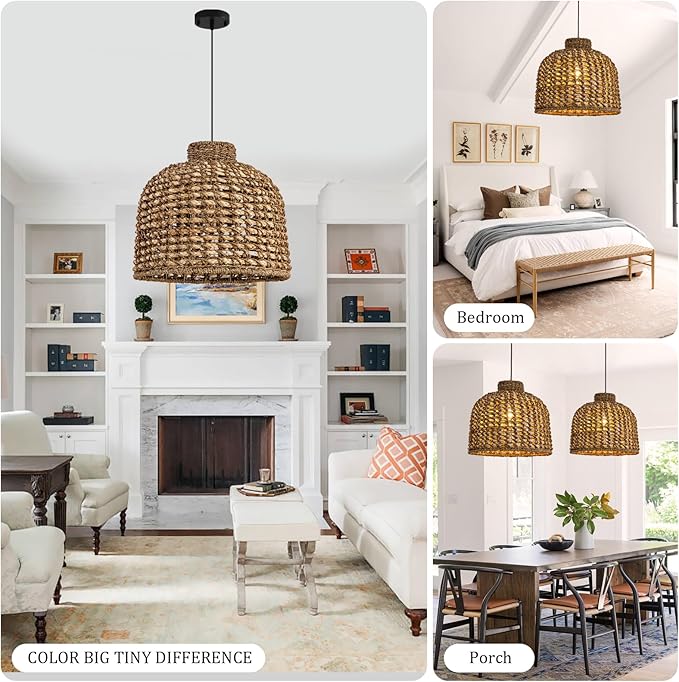 Rattan Pendant Light Fixtures,13.78" Boho Seagrass Pendant Light,1-Pack Hand Woven Water Plants Rattan Chandelier for Dining Living Bedroom Kitchen Farmhouse