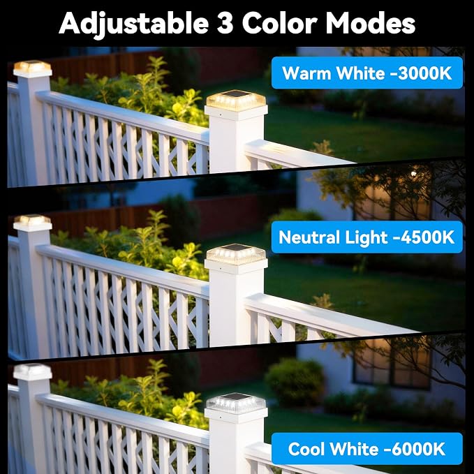 Solar Post Cap Lights, 2-Pack Fence Post Solar Lights for 4x4 Wood/Vinyl Posts, IP65 Waterproof, 10-12 Hours of Illumination with 3 Lighting Modes for Garden/Patio/Porch - White