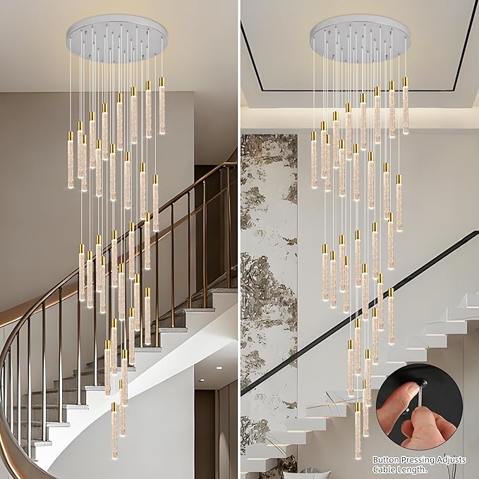 30-Light Chorme High Ceiling Chandeliers Modern Crystal Chandeliers for Entryway Long Spiral LED Dimmable Chandelier Flush Mount Ceiling Staircase Foyer Living Room Ceilings Light Fixture