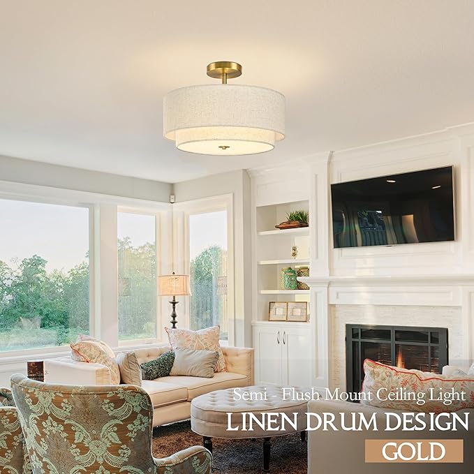 Bagood 16 Inch 3 Light Semi Flush Mount Ceiling Light Fixture Modern 2 Pack Gold Drum Ceiling Light Fixture with 2-Layer Fabric Shade Dimmable Close to Ceiling Light for Bedroom Living Room Hallway
