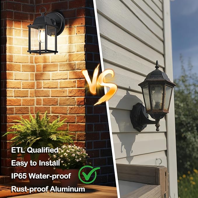 LIT-PaTH Outdoor Wall Lantern, Wall Sconce as Porch Lighting Fixture, E26 Base, Aluminum Housing Plus Glass, Water-Proof and Outdoor Rated, ETL Qualified, 2-Pack, Black