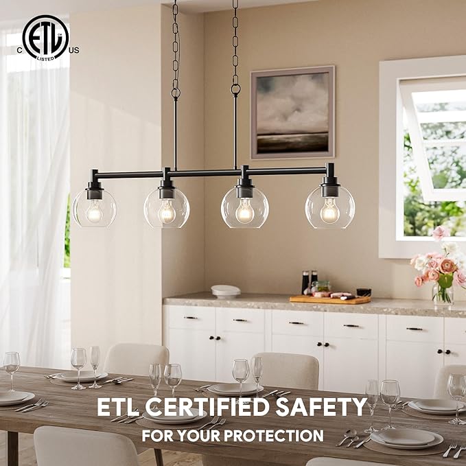 VONLUCE Dining Room Light Fixture Over Table, 4-Light Kitchen Island Lighting with Round Glass Shades & Adjustable Hanging Heights, Linear Chandlier for Dining Room Kitchen, Black, ETL Certificated