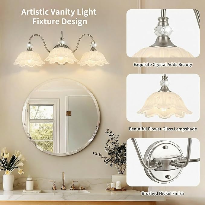 Brushed Nickel 3-Light Bathroom Vanity Light with Floral White Glass Shades, Brushed Nickel Wall Mount Lighting for Bathroom, Dressing Table