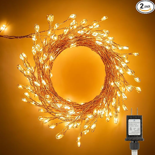 Fairy Lights Plug in, 10Feet 200LED Cluster String Lights, Copper Wire Waterproof Starry Firecracker Lights for Ceiling Bedroom Wreath Window Wedding Christmas Tree Decorations, Warm White, 2 Pack