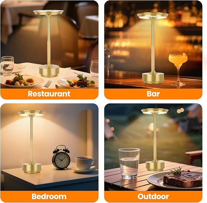 2-Pack Cordless Table Lamp Rechargeable 5000mAh, 3-Color Stepless Dimming Touch Sensor, Portable LED Desk Light for Bedroom, Nightstand, Camping, Patio (2-Pack Gold)