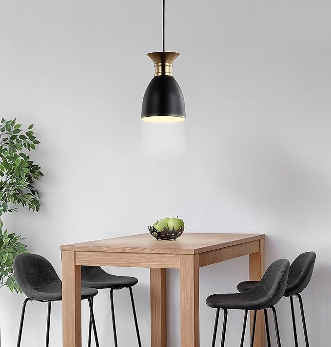 JONATHAN Y 5.75" Black/Brass Gold Modern Metal LED Pendant Light Fixture, Adjustable Hanging Ceiling Lamp for Kitchen Island Bedside, Metal Black Shade, LED Bulb Included JYL6136A