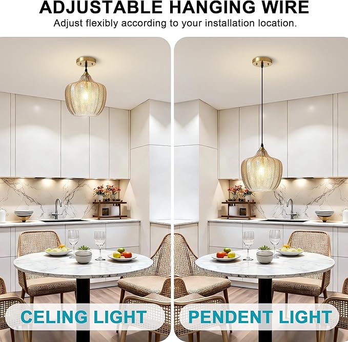 Modern Gold Pendant Light 2 Pack, Amber Glass Kitchen Island Pendant Light Fixture Adjustable Vintage Hanging Ceiling Light for Dining Room Corridor Bedroom 9.45 inch, UL Certification