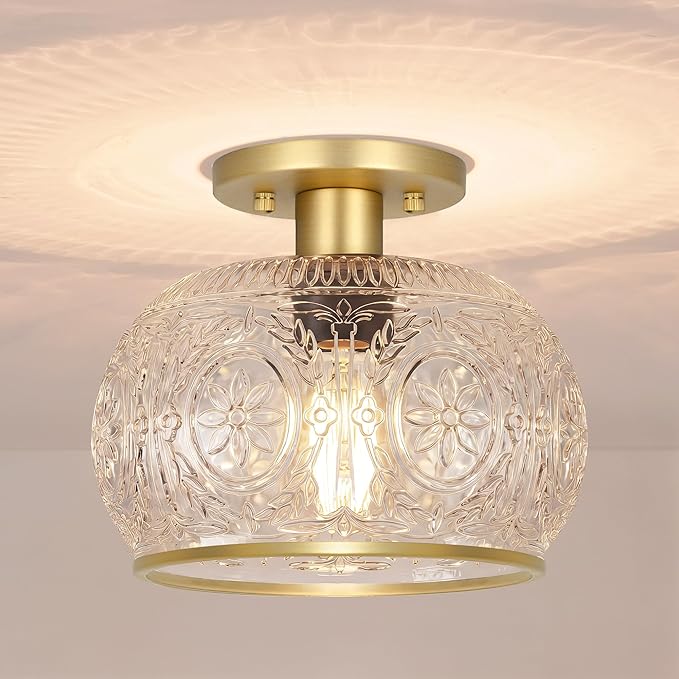 Gold Semi-Flush Mount Ceiling Light with Globe Glass – Vintage Ceiling Lighting for Hallway, Kitchen, Entryway, Bathroom & Closet