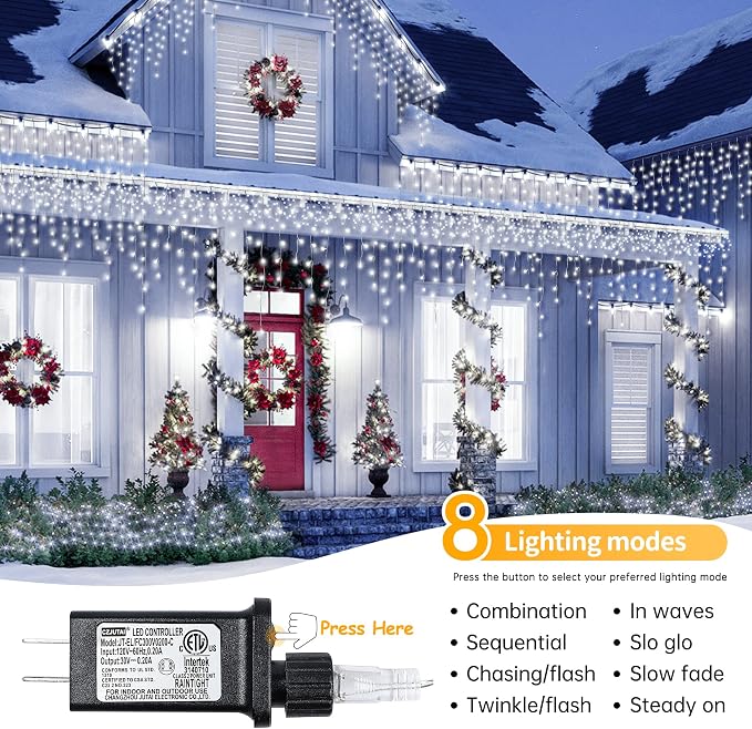 Icicle Lights Outdoor Decorations 300 LED 33ft 8 Modes Curtain Fairy String Light with 50 Drops, LED String Light Indoor for Wedding Party Holiday Christmas Decorations,White