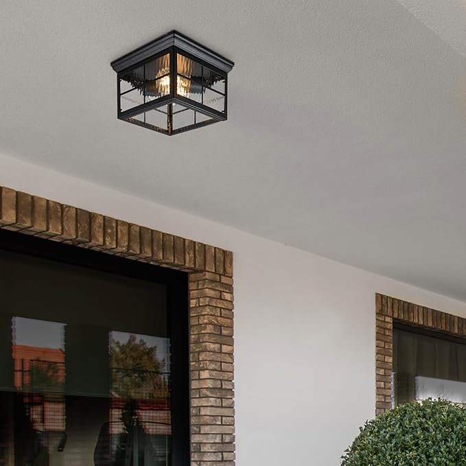 Maxxima Outdoor Flush Mount Ceiling Light Fixture, Black w/Water Glass, 2-Light Square Farmhouse Porch or Patio Light, Close to Ceiling Entryway Outdoor Light, Bulbs Not Included