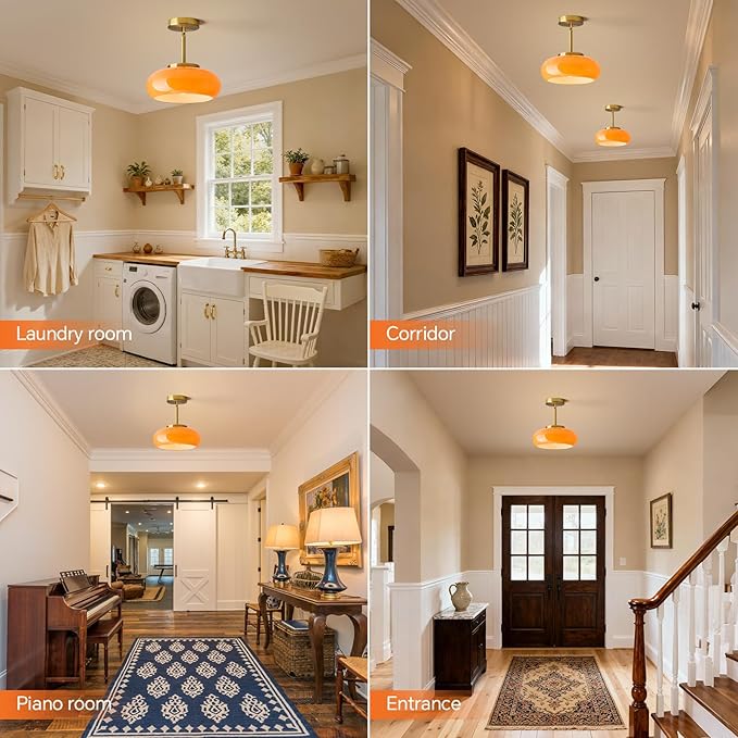 Glass Pendant Lights Kitchen Iisland，Gold Modern Ceiling Lamp with Orange Glass Shade Adjustable Mid Century Hanging Light Fixtures for Schoolhouse, Dining Room, Living Room,Sink