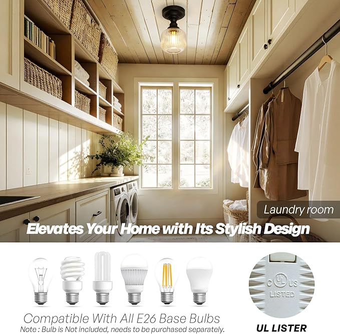 Modern Schoolhouse Semi Flush Mount Ceiling Light with Clear Ribbed Glass Lampshade, Industrial Close to Ceiling Light Fixture for Farmhouse Bedroom Entryway Stairs