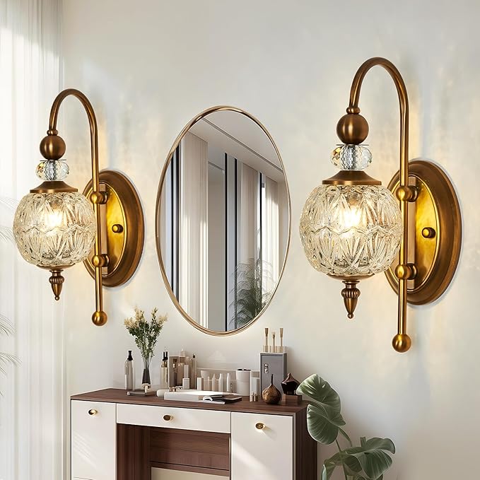 Piepooye Vintage Gold Wall Sconce Set of Two Mid Century Brushed Brass with Glass Globe Shade Vanity Light Indoor G9 Bulb Wall Light for Bathroom Farmhouse Bedroom Living Room Hallway