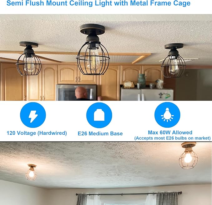 Farmhouse Ceiling Light Fixture, Vintage Semi Flush Mount Ceiling Light, Small Metal Cage Lighting Lamp for Hallway Entryway Kitchen Porch, Oil Rubbed Bronze Finish, 2-Pack