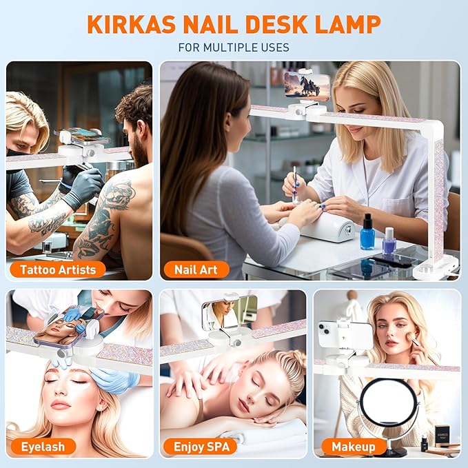 KIRKAS 34inch Large Half Moon Light for Nail Tech with Diamond, 456 LEDs 3 Color Modes Infinitely Knob with Phone Holder Charging Function, Lighted Desk Lamp for Craft White(34inch Large With Diamond)