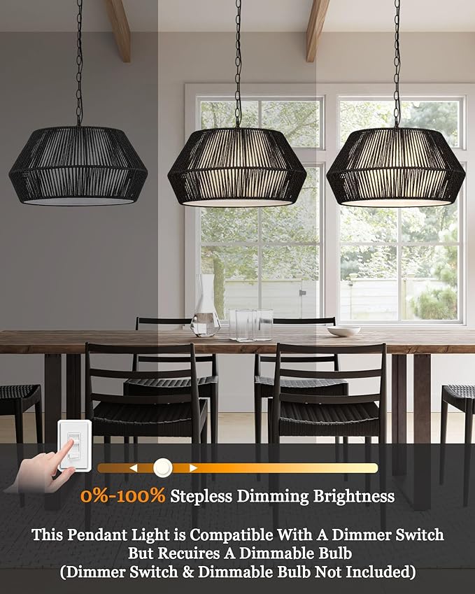 ELYONA 20" Modern Chandeliers for Dining Room, 4-Lights Large Rattan Chandelier Light Fixture with Fabric Shade Adjustable Boho Woven Hanging Pendant Light for Kitchen Island Living Room Bedroom Black