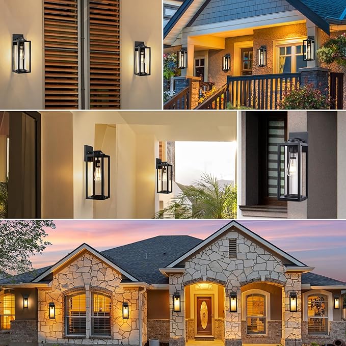 FILIYANO 16inch Large Outdoor Wall Lights - 2 Packs Modern Black Exterior Light Fixture with Clear Glass Shade, Waterproof Porch Lighting for House, Farmhouse Sconces Lantern for Front Door, Garage