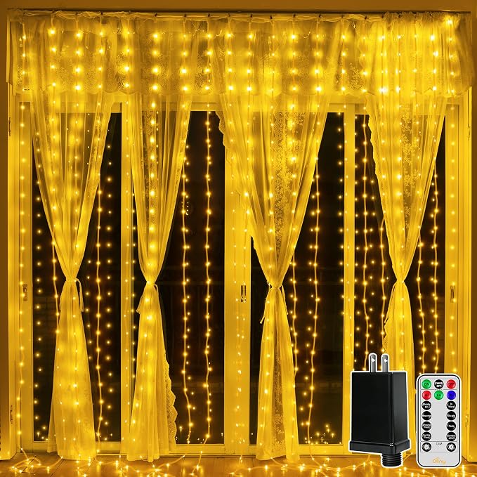 Ollny Curtain Lights 300LED 9.8ftx9.8ft, Connectable IP67 Waterproof Outdoor Curtain String Lights with Remote, Plug-in Untangle Fairy Lights with 8 Modes 3 Timers for Wall Backdrop Decor(Warm White)