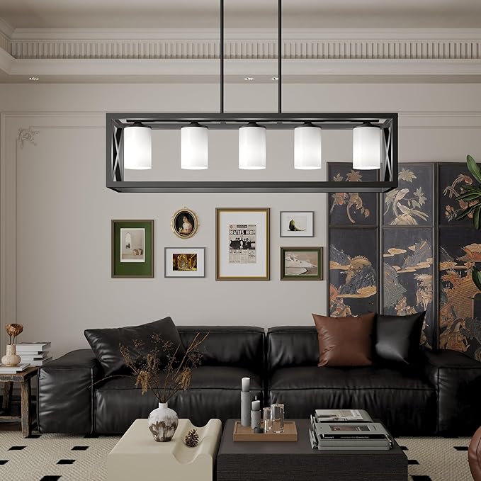 Espird Black White Dining Room Light Fixture - 5 Light Rectangle Light Fixtures with Milk White Glass Shade & Adjustable Height & Thickened Metal Dining Table Lights Fixture Chandeliers for DiningRoom