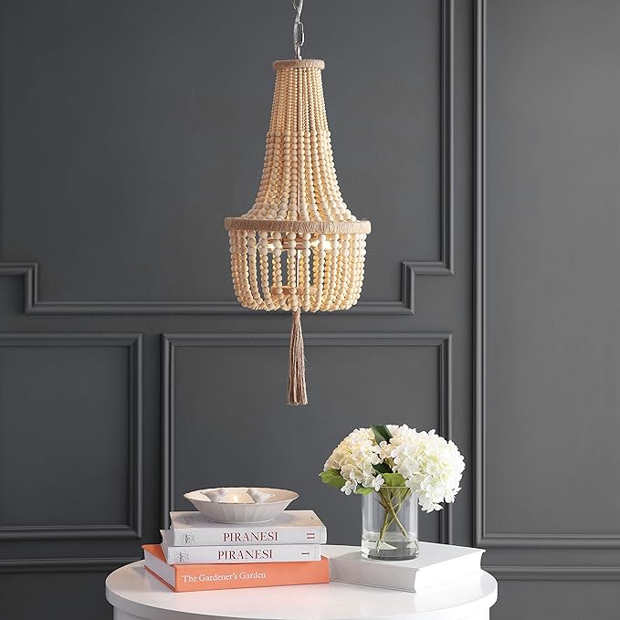 SAFAVIEH PND4082A Wynne Bohemian Adjustable Brown Beaded Tassel 2-Light (LED Bulbs Included) Pendant