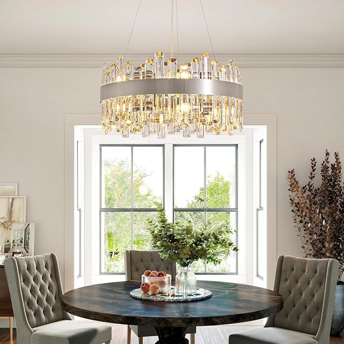 Siljoy Modern Crystal Chandeliers 12-Light Luxury Brushed Nickel K9 Crystal Raindrop Chandelier Adjustable Dimmable Crystal Ceiling Light Fixture for Dining Room Living Room Bedroom D19.7''