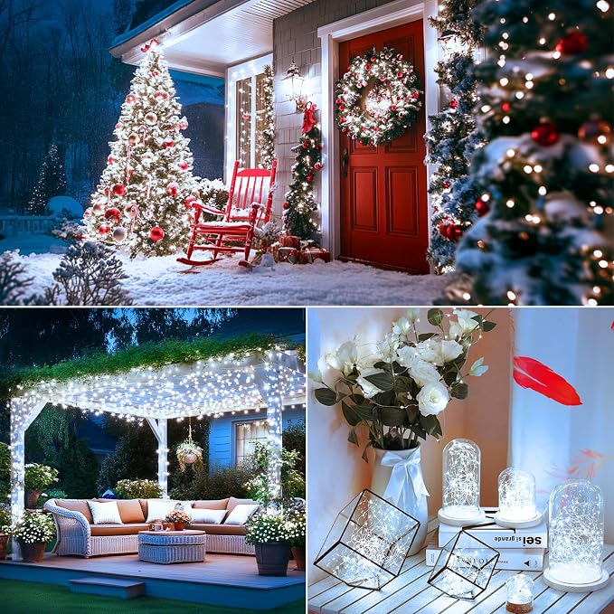 Brightever Solar Powered String Lights Outdoor Waterproof, 4-Pack Total 160FT 400 LED Solar Twinkle Lights with 8 Lighting Modes, Solar Fairy Lights for Fence, Balcony (Daylight White)